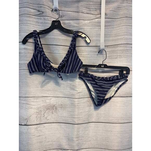 Solid and Striped Navy Blue White Striped Tie Front Bikini Swimsuit Size S/M - Picture 1 of 5